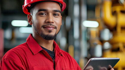 Worker in red uniform and helmet using tablet in industrial setting