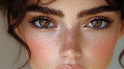Fototapeta premium Freckled woman's eyes, closeup, studio, sunlight