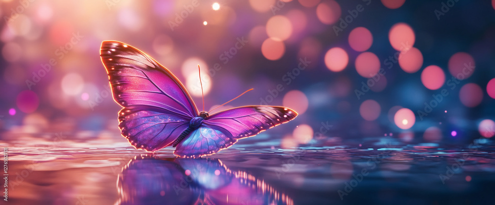 Poster a close-up view of a butterfly with vibrant purple and blue wings resting on a reflective surface, w