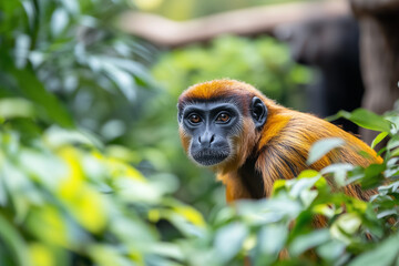Fototapeta premium Selective focus red monkey in the zoo, Golden brown gibbon in the zoo.