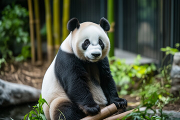 Obraz premium Selective focus panda in the zoo with shady view, Safari zoo with wild animal, Close up shot panda in safari zone, Safari tour.