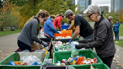 Community in Action: A dedicated group of volunteers sorts recycling, embodying the spirit of environmental stewardship and community involvement, surrounded by a backdrop of cityscape and foliage. 