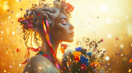 Woman with white dreads and ribbons in hair, holding flowers. Falling confetti. Woman's Day, Mothers Day. Horizontal banner for social media posts. 