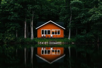 Cozy lakeside cabin in tranquil forest at dusk, perfect for peaceful getaway