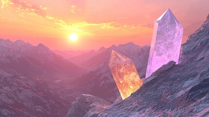 A 3D fantasy world with giant glowing crystals and a mystical aura, with space for text.