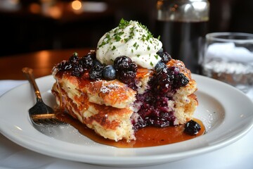 Fluffy pancakes with berries, cream, syrup in a cafe setting