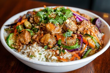 Fototapeta premium Spicy pork and rice bowl with vegetables and herbs on table