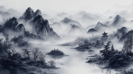 Serene Monochromatic Landscape Painting Misty Mountains Ancient Pagoda Tranquil Lake Scenic View Asian Art Ink Wash     