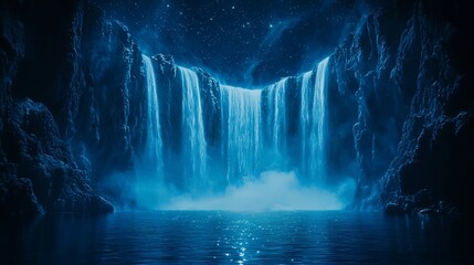 A breathtaking nighttime fantasy scene where glowing waterfalls flow from the sky into a peaceful valley, with copy space.