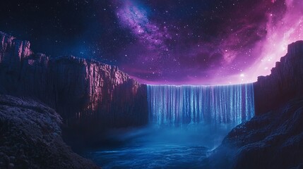 A breathtaking nighttime fantasy scene where glowing waterfalls flow from the sky into a peaceful valley, with copy space.