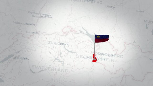Liechtenstein map animation. The Liechtenstein flag flies majestically over a detailed Liechtenstein map
