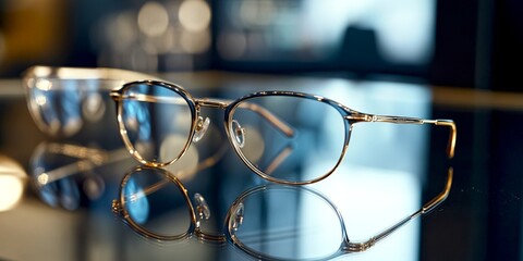 Elegant eyeglasses resting on a smooth surface. The stylish design features a delicate frame and reflective lenses. Perfect for modern fashion and eyewear enthusiasts. AI