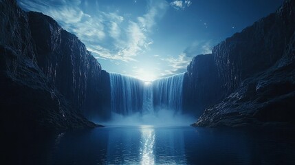A calming dreamscape where a majestic waterfall sparkles in moonlight, flowing into a reflective lake, with room for text.