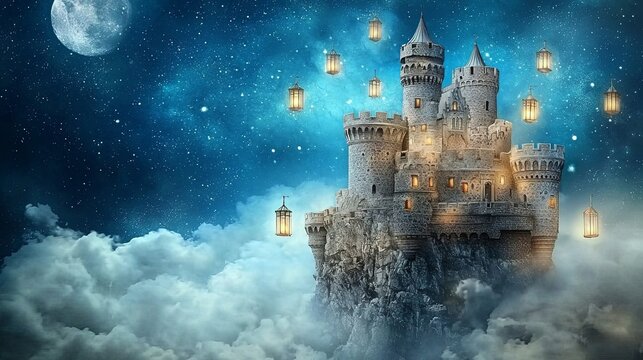 A dreamy castle in the clouds, surrounded by floating lanterns and glowing blue mist, with copy space.