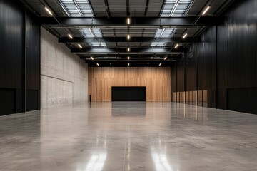 Empty modern warehouse interior with polished concrete floor