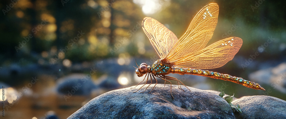 Poster a dragonfly perched on a rock, with its delicate wings illuminated by soft light, showcasing intrica