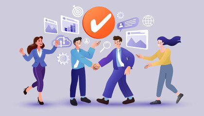 Business partners finalizing a deal with a handshake under a large checkmark icon, symbolizing a  successful agreement.