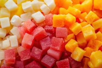 Colorful diced fruits pineapple, watermelon, and mango