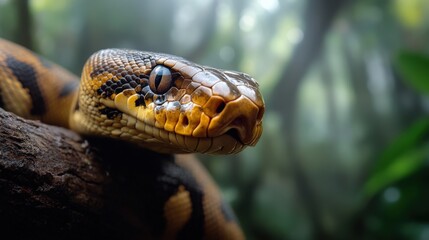 Fototapeta premium An artistic close-up portrait of a colorful snake nestled among jungle foliage, demonstrating the beauty of nature with soft light filtering through the trees in the background.