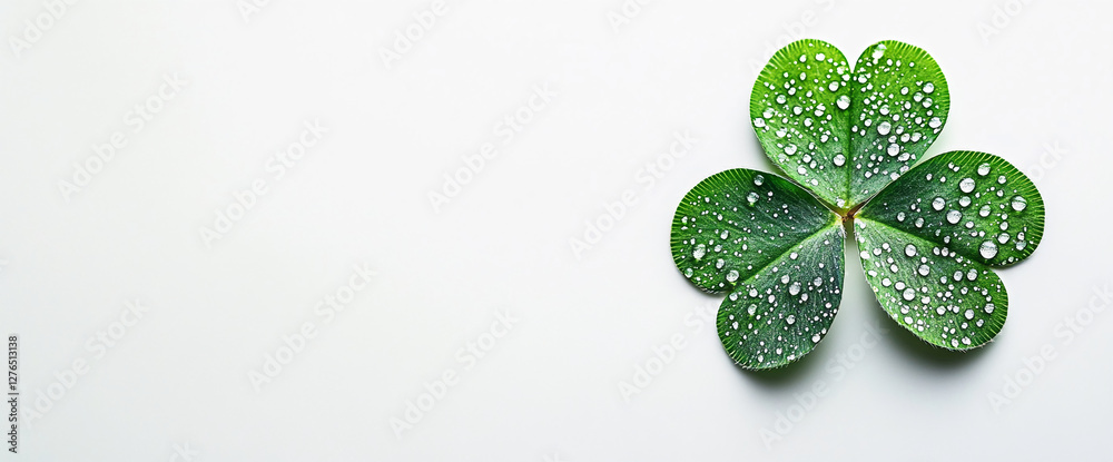 Poster close-up of a four-leaf clover with dew drops on a clean white background, symbolizing luck and pros