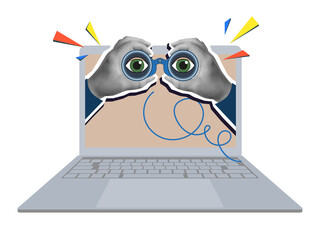 Person from laptop looking through binoculars. Modern photo collage style. Illustration on transparent background