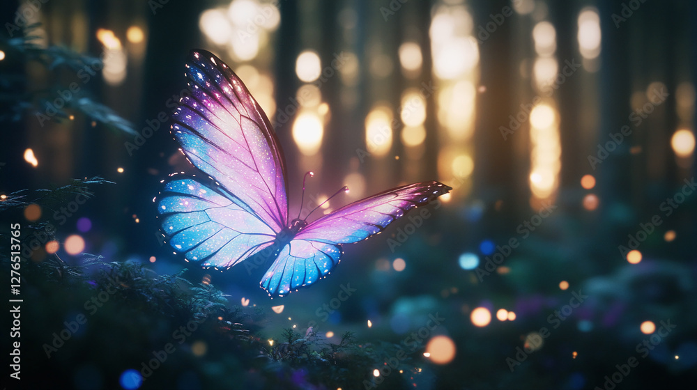 Aufkleber a glowing butterfly with vibrant purple and blue wings flying in a mystical forest with soft bokeh l