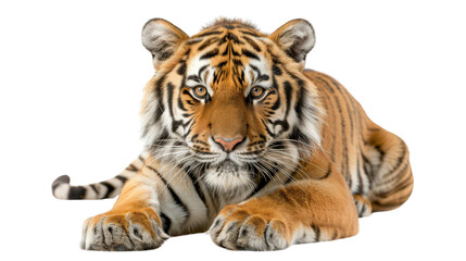 Fototapeta premium A majestic tiger with striking stripes laying on ground on a white background