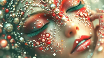 This captivating image of a bejeweled face showcases intricate beauty with vibrant colors, enhancing themes of decoration, fashion, and personal expression in visual art.