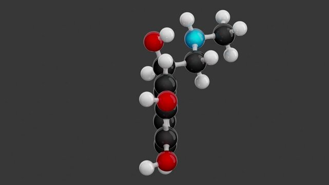 Adrenaline molecular structure: 3D model of molecule. Chemical formula: C9H13NO3. Seamless looping Video with an Alpha Channel. Gray background.