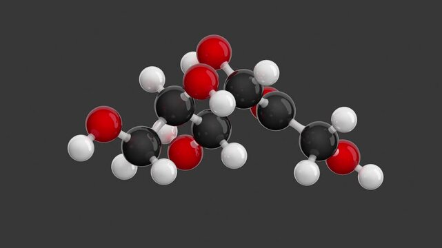Fructose molecular structure: 3D model of molecule. Chemical formula: C6H12O6. Seamless looping Video with an Alpha Channel. Gray background.