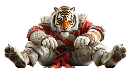 A majestic tiger warrior isolated on a white background