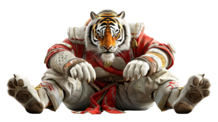 A majestic tiger warrior isolated on a white background