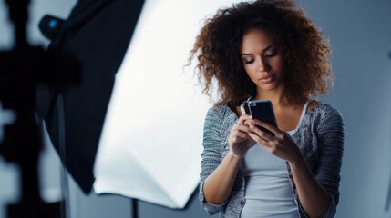 Social media rumors affecting a woman during a photo shoot. Featuring unease and distraction