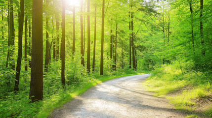 Obraz premium A tranquil forest path with towering trees on both sides. The sunlight filters through the branches, casting shadows on the forest floor in a peaceful natural setting.