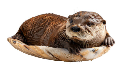 Close-up portrait of a cute European otter with brown fur and whiskers in a natural wildlife setting
