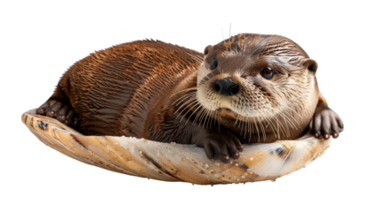 Close-up portrait of a cute European otter with brown fur and whiskers in a natural wildlife setting