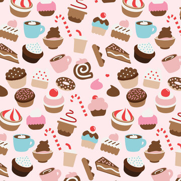 Colorful Sweet Bakery Pastry Desserts Seamless Pattern on a Pink Background. Glaze and Chocolate Cupcakes, Candy Cane, Cake, Milkshake, Hot Cocoa and Eclairs