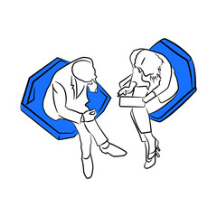 Illustration of two businessmen sitting using a tablet computer