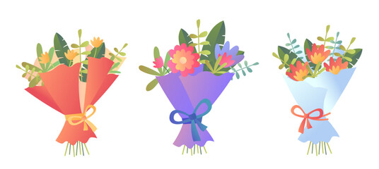 Three bouquets of flowers wrapped in red, purple, and blue paper with decorative bows. Each bouquet contains vibrant flowers and green leaves. Isolated on white. Vector illustration