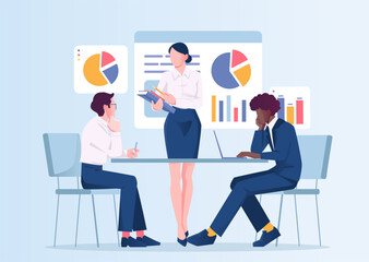 Three business professionals discussing data analysis in a modern office setting with charts and graphs in the background. Teamwork and corporate strategy concept. Vector illustration