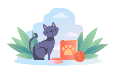 A black cat sits near a food bowl, a box with a paw print, and a ball of yarn, surrounded by green leaves and a cloudy sky. Pet care and cat lover concept. Vector illustration