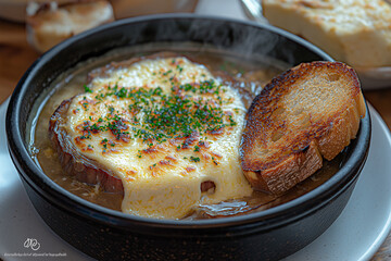 French Onion Soup with Melted Gruyere and Toasted Bread