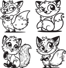Cartoon Witty Fox Outline – Black and White Clever Fox Illustration Isolated on White Background