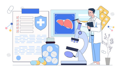 A doctor in a lab coat analyzing a liver scan with a microscope, surrounded by medical documents, pills, and molecular structures on a white background. Vector illustration
