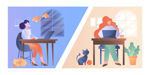 Two women working remotely at desks with laptops in different home settings. One setting is cool-toned, the other warm-toned. Cats and decor elements add coziness. Vector illustration