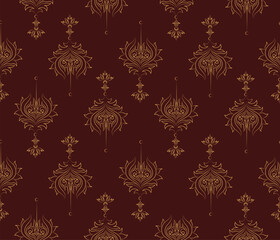 Luxurious seamless floral damask pattern with golden ornamental details on a dark brown background. Elegant and decorative design for wallpapers, textiles, and backgrounds. Vector illustration