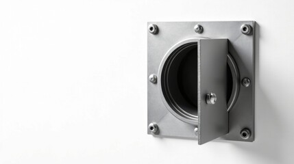 Fototapeta premium A slightly ajar metallic access panel reveals a circular opening in a smooth, white surface.