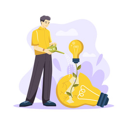 A man waters a plant sprouting from a broken light bulb, symbolizing innovation and growth from failure. Modern flat style on a light background. Vector illustration