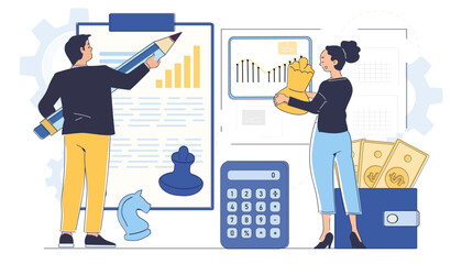 Business people analyzing financial data with chess pieces, calculator, and charts on a white background. Concept of strategic planning and financial growth. Vector illustration
