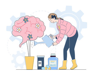 A woman waters a brain-shaped plant with blooming flowers, symbolizing mental health and self-care. Medical bottles and pills are placed nearby. Concept of cognitive wellness. Vector illustration